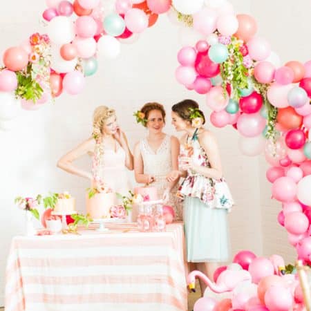 pink flamingo balloon arch decor for a bridal shower.