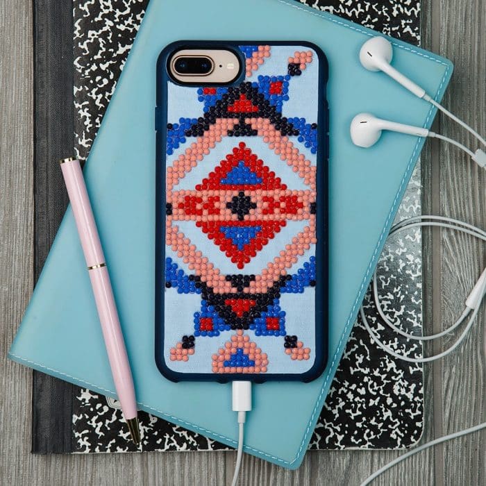 phone case with a geometric pattern made with diamond art leftover pieces.
