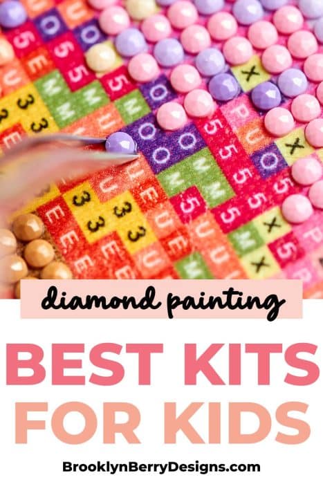 An image displaying a collection of various diamond painting kits neatly arranged on a table.  Banner text reads diamond painting - best kits for kids.