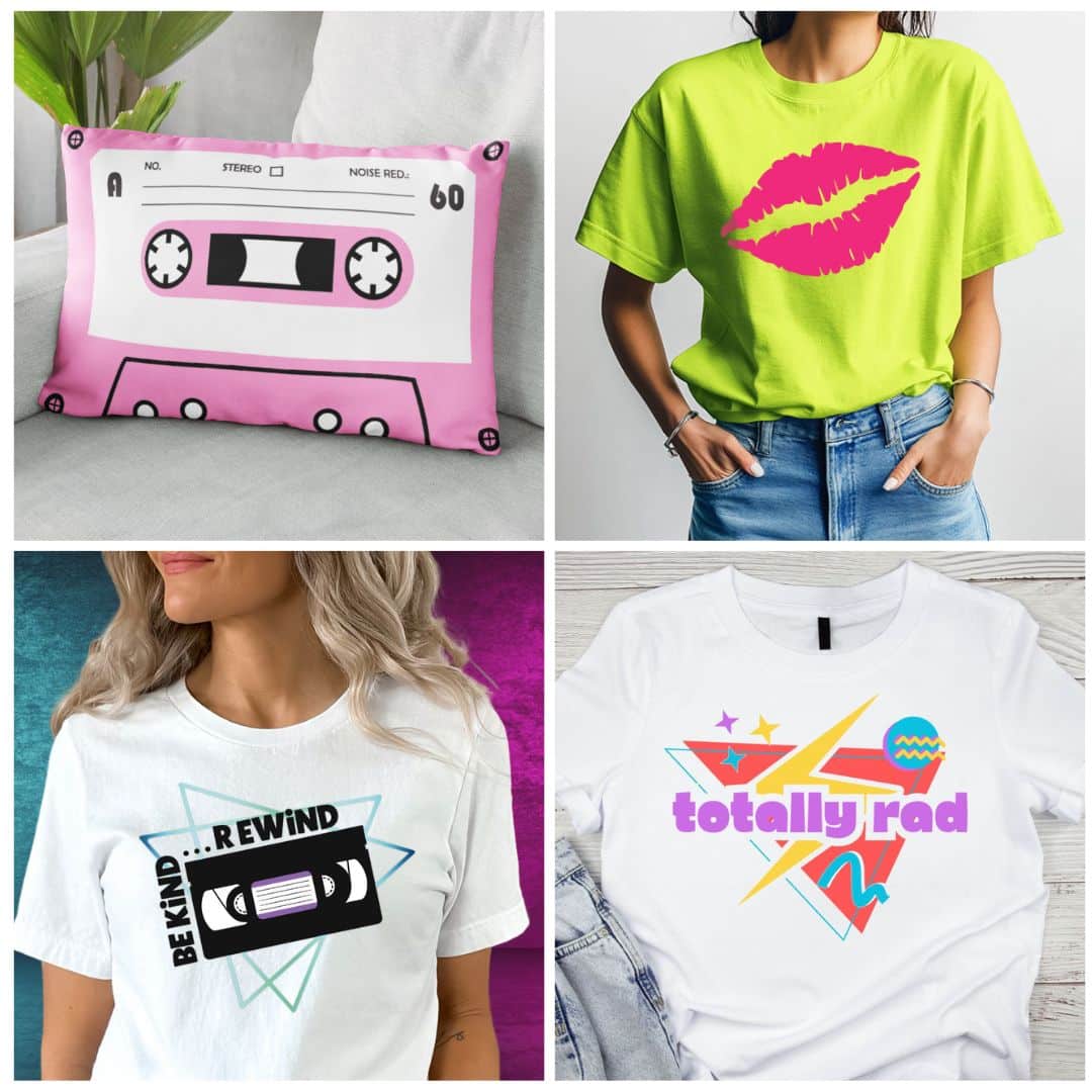 A collage of cricut projects made with 80s theme svg files