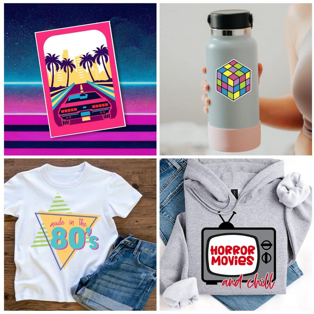 A collage of cricut projects made with 80s theme svg files