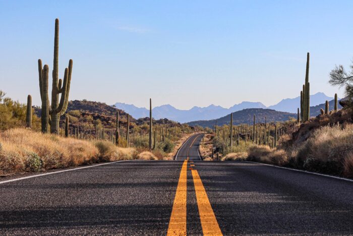 Empty road along Saguaro national park.